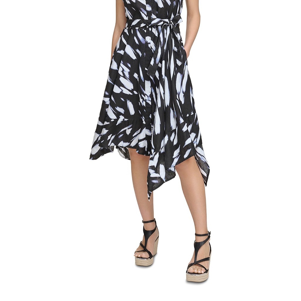 DKNY Print Cap Sleeve Linen Button Front Tie Waist Dress